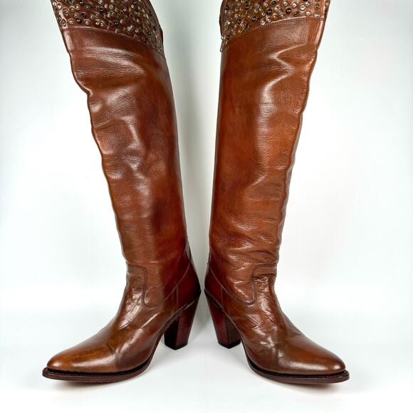 FRYE Demi Brown Tall Leather Studded Over The Knee Heeled Riding Boots Size 7 - Picture 9 of 11